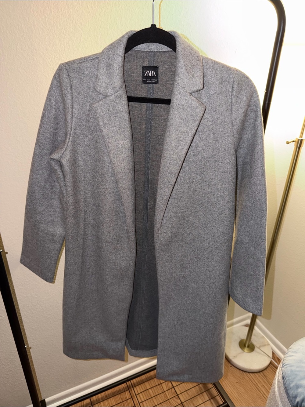 ZARA Gray Open-Front Longline Wool-Blend Coat